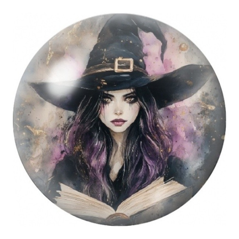 Cabochon en Verre Illustré Sorcière Lisant son Grimoire 12 à 25mm