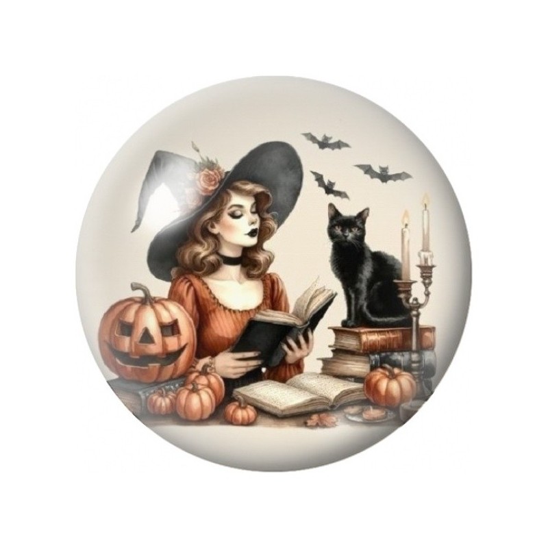 Cabochon en Verre Illustré Sorcière, Chat Noir et Grimoire 12 à 25mm