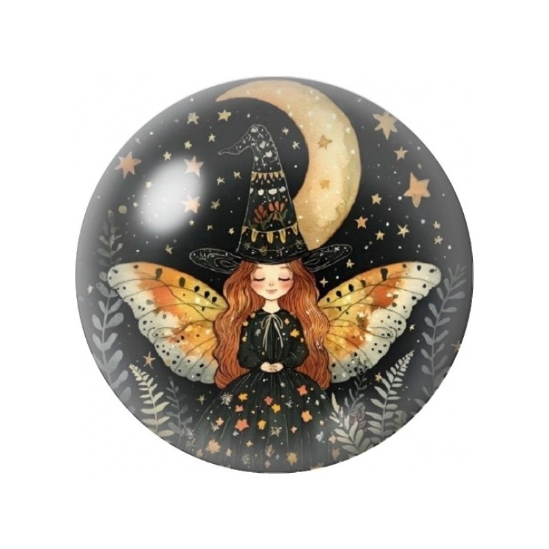 Cabochon en Verre Illustré Fée Sorcière sous le Croissant 12 à 25mm