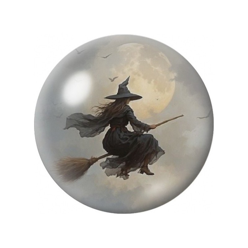 Cabochon en Verre Illustré Sorcière Volant sous la Lune 12 à 25mm
