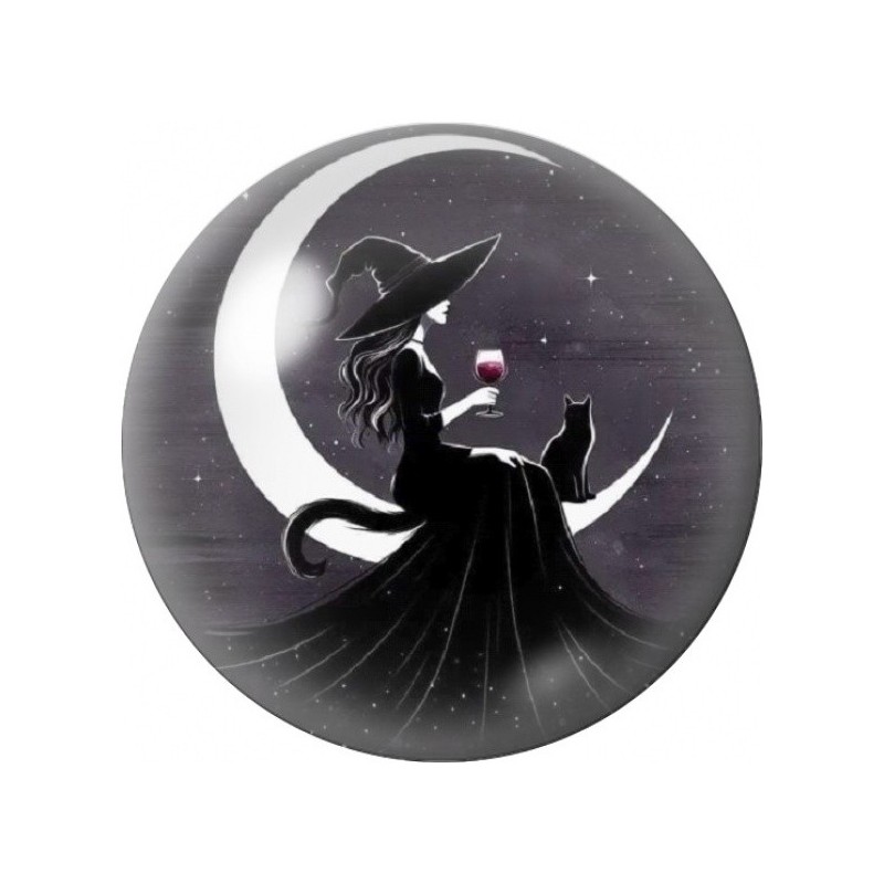 Cabochon en Verre Illustré Sorcière sur le Croissant de Lune 12 à 25mm