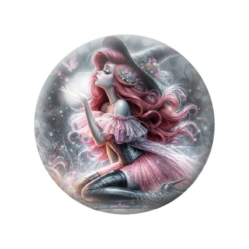 Cabochon en Verre Illustré Sorcière aux Cheveux Framboise 12 à 25mm
