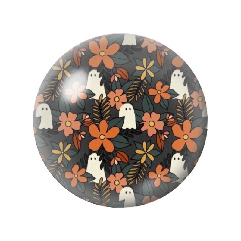 Cabochon en Verre Illustré Fantômes et Fleurs Orange 12 à 25mm