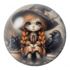 Cabochon en Verre Illustré Petite Sorcière et Corbeau 12 à 25mm pour la Création de Bijoux Fantaisie - DIY