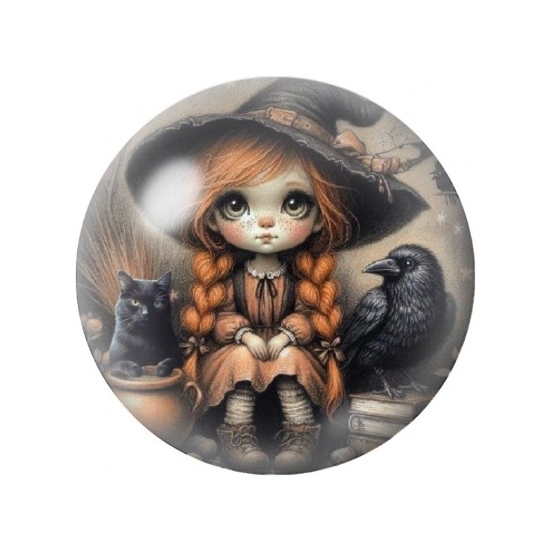 Cabochon en Verre Illustré Petite Sorcière et Corbeau 12 à 25mm