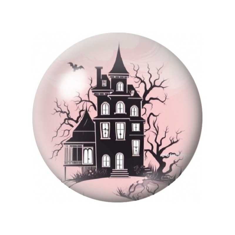 Cabochon en Verre Illustré Manoir Hanté sur Fond Rose 12 à 25mm