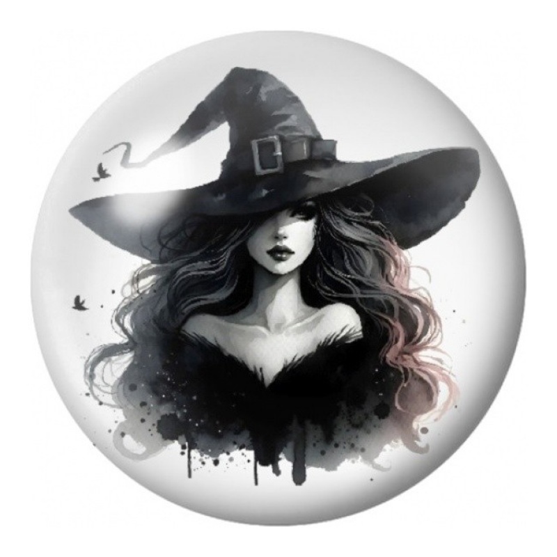 Cabochon en Verre Illustré Sorcière au Chapeau Noir 12 à 25mm
