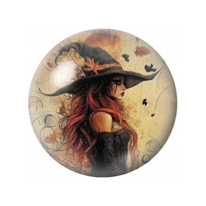 Cabochon en Verre Illustré Sorcière Rousse aux Feuilles 12 à 25mm