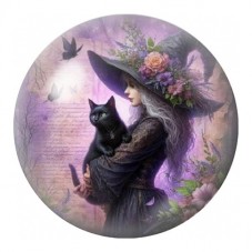 Cabochon en Verre Illustré Sorcière au Chat et aux Lavandes 12 à 25mm pour la Création de Bijoux Fantaisie - DIY