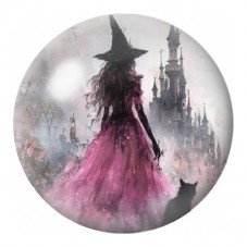 Cabochon en Verre Illustré Sorcière en Robe Rose et Chat Noir 12 à 25mm pour la Création de Bijoux Fantaisie - DIY