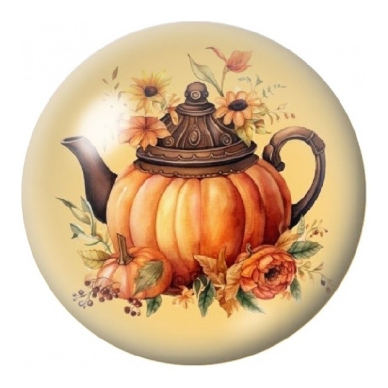 Cabochon en Verre Illustré Théière Citrouille d’Automne 12 à 25mm