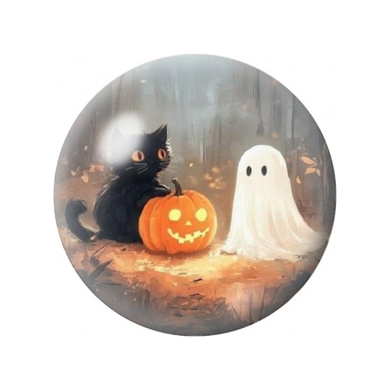 Cabochon en Verre Illustré Chat Noir, Fantôme et Citrouille 12 à 25mm