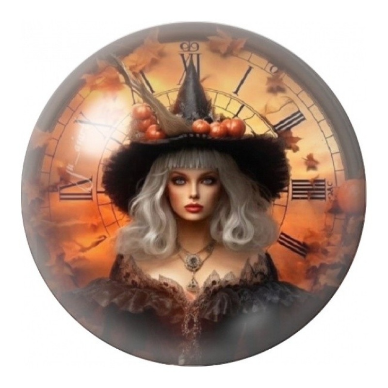 Cabochon en Verre Illustré Sorcière devant l’Horloge 12 à 25mm