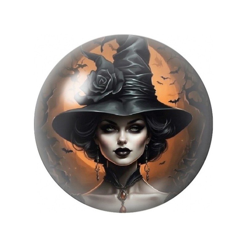 Cabochon en Verre Illustré Sorcière au Chapeau Fleuri Noir 12 à 25mm
