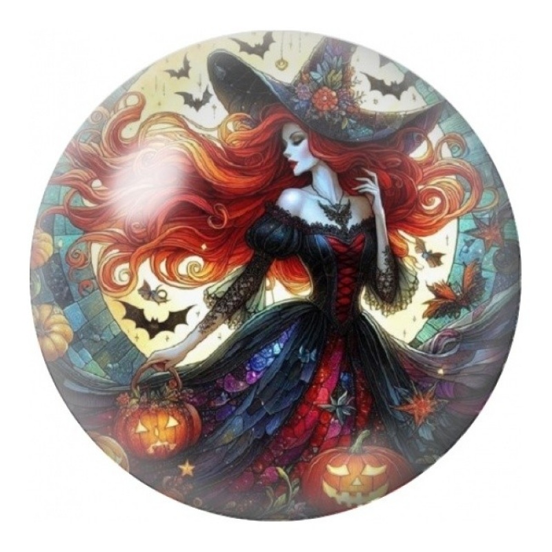 Cabochon en Verre Illustré Sorcière Rousse aux Volutes Colorées 12 à 25mm