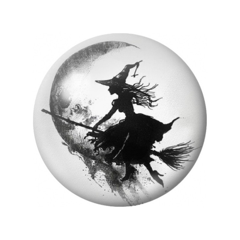 Cabochon en Verre Illustré Sorcière Volant en Noir et Blanc 12 à 25mm