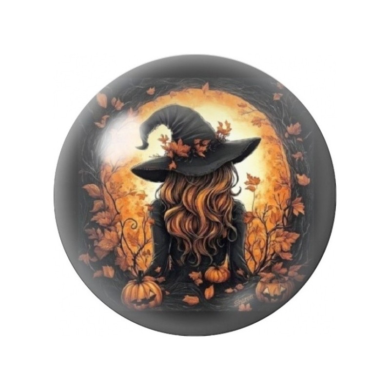 Cabochon en Verre Illustré Sorcière dans le Cadre d’Automne 12 à 25mm