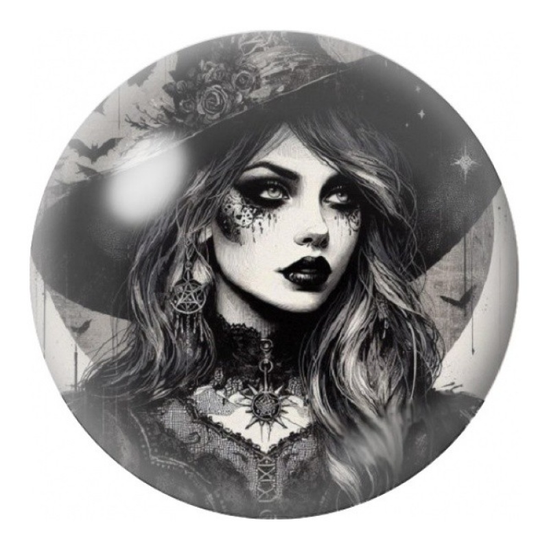 Cabochon en Verre Illustré Portrait de Sorcière en Noir et Blanc 12 à 25mm