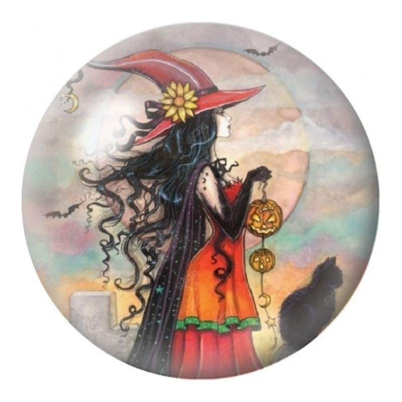 Cabochon en Verre Illustré Sorcière Rouge au Chat Noir 12 à 25mm