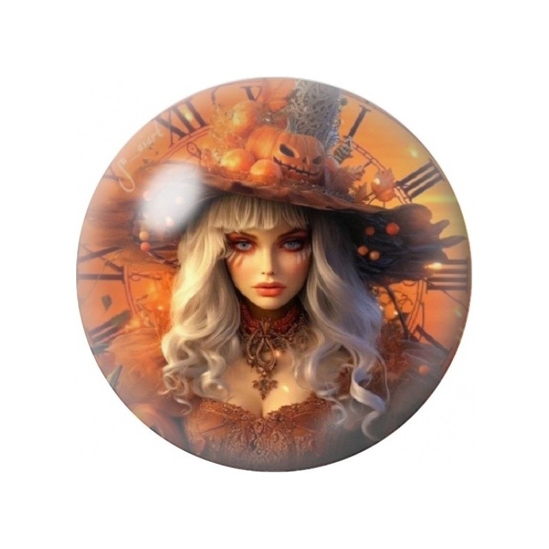 Cabochon en Verre Illustré Sorcière Blonde au Chapeau d’Automne 12 à 25mm