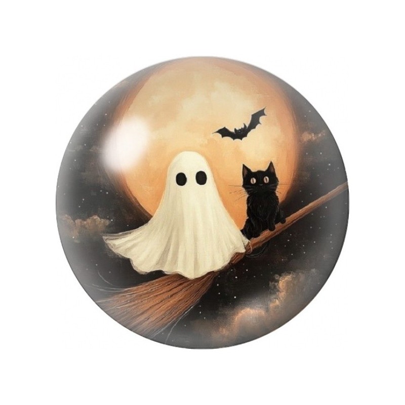 Cabochon en Verre Illustré Fantôme et Chat Noir sur un Balai 12 à 25mm