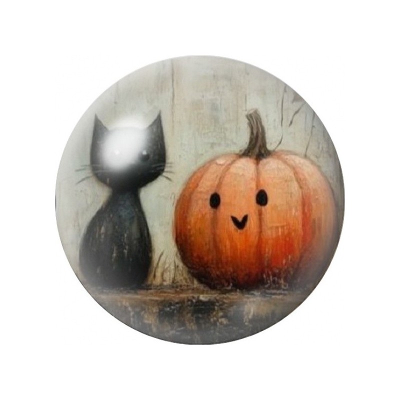 Cabochon en Verre Illustré Chat Noir et Citrouille Souriante 12 à 25mm