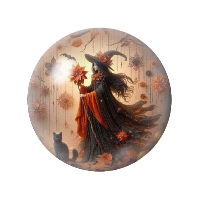 Cabochon en Verre Illustré Sorcière d’Automne au Chat Noir 12 à 25mm