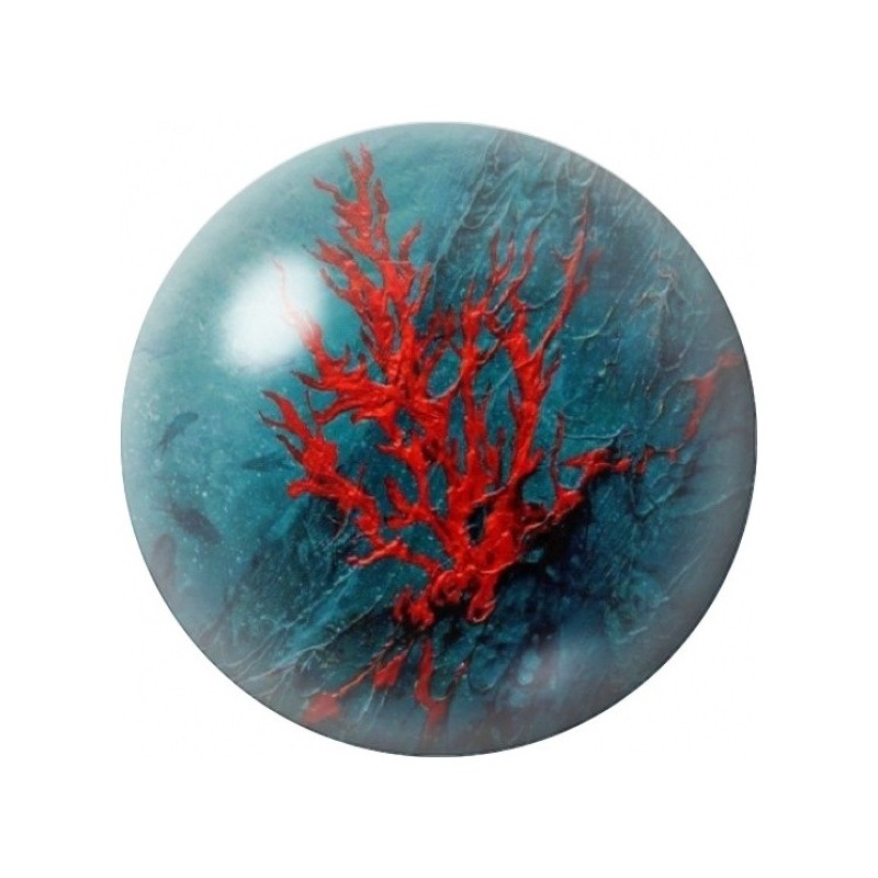 Cabochon en Verre Illustré Corail Rouge sur Fond Turquoise 12 à 25mm