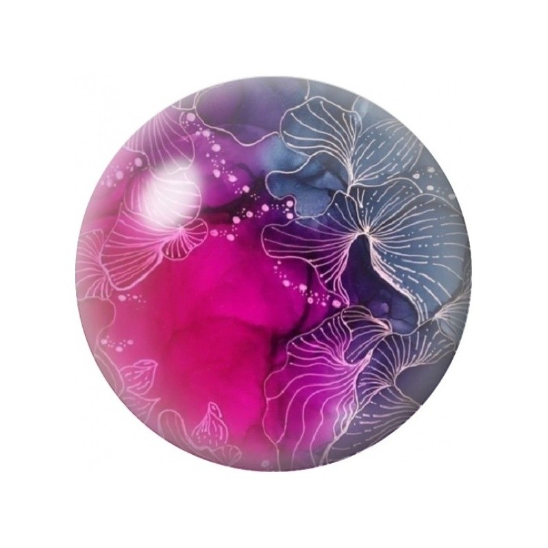 Cabochon en Verre Illustré Fleurs Marines sur Fond Fuchsia 12 à 25mm