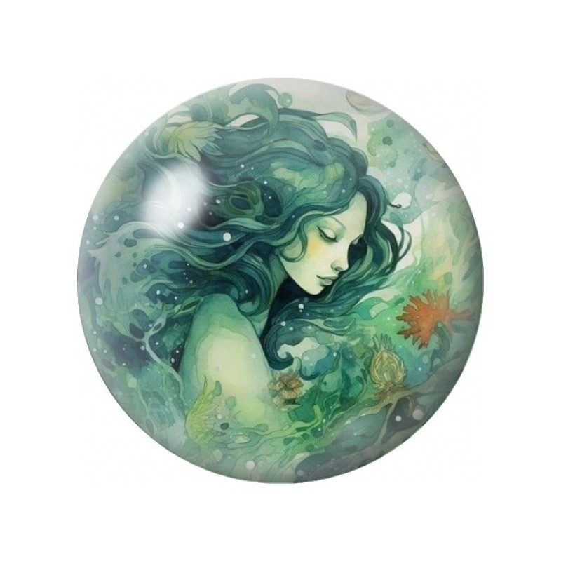 Cabochon en Verre Illustré Esprit de l’Océan aux Cheveux Verts 12 à 25mm