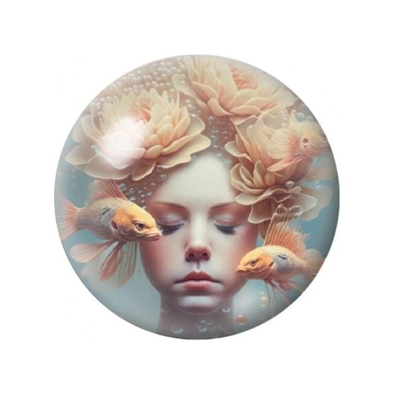 Cabochon en Verre Illustré Nymphe aux Fleurs et Poissons Dorés 12 à 25mm