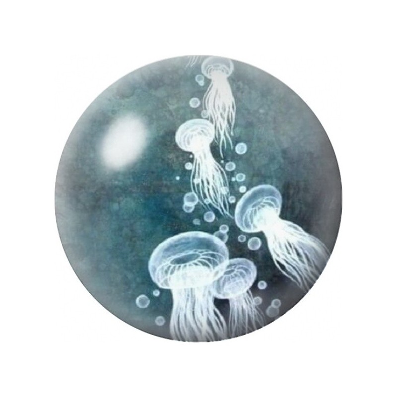 Cabochon en Verre Illustré Méduses Blanches dans le Bleu 12 à 25mm