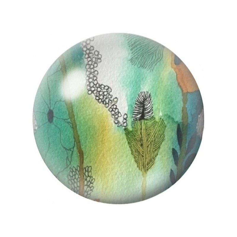 Cabochon en Verre Illustré Plume Verte sur Aquarelle Marine 12 à 25mm