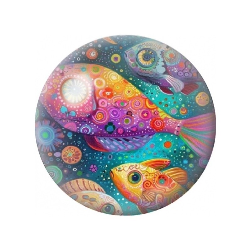 Cabochon en Verre Illustré Poissons Fantaisie Multicolores 12 à 25mm