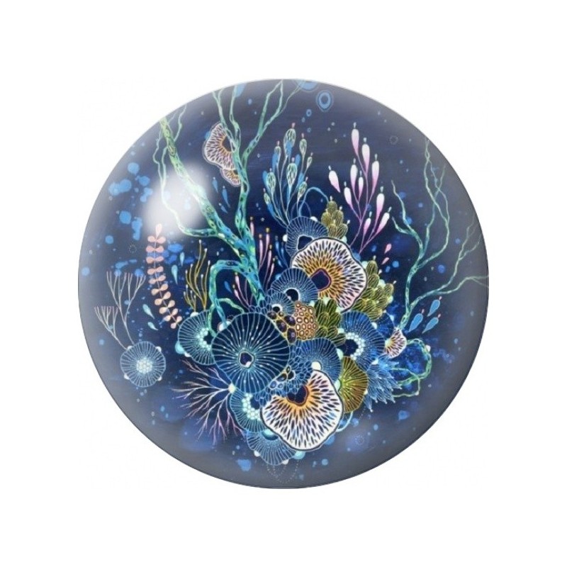 Cabochon en Verre Illustré Récif Bleu aux Coraux Dorés 12 à 25mm