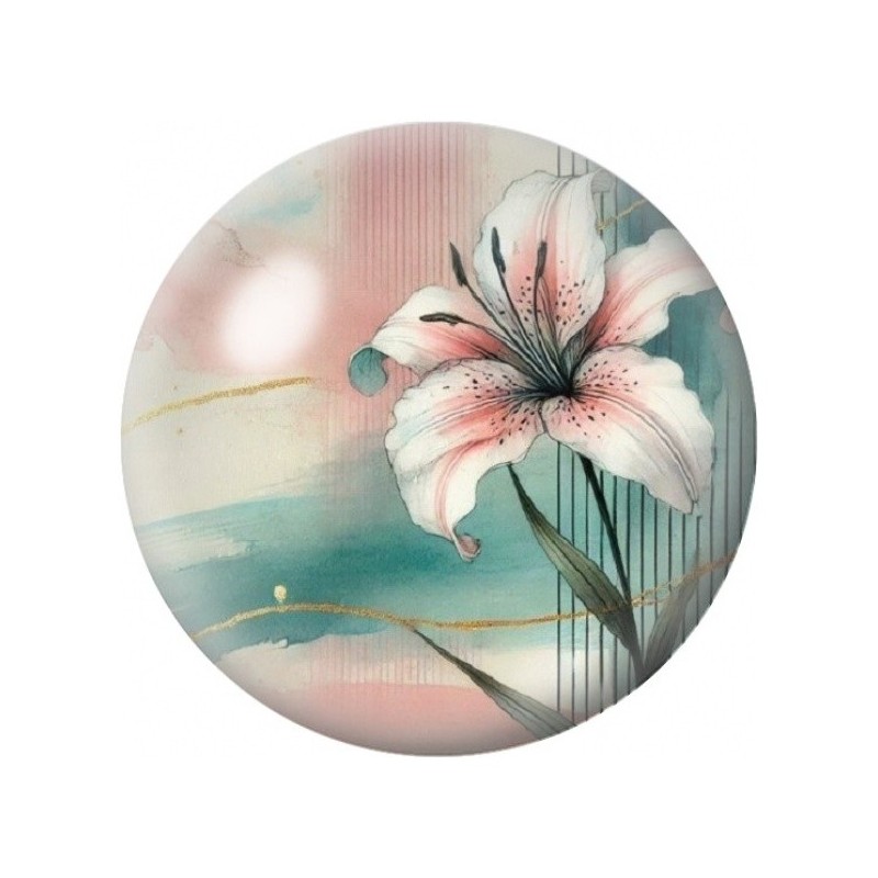 Cabochon en Verre Illustré Lys Rose sur Fond Pastel 12 à 25mm