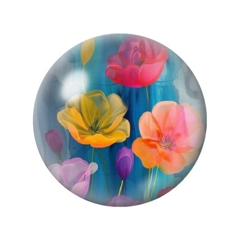 Cabochon en Verre Illustré Fleurs Colorées sur Fond Bleu 12 à 25mm