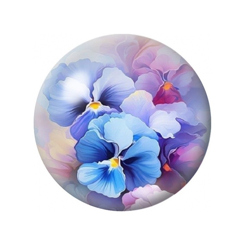 Cabochon en Verre Illustré Pensées Bleues et Mauves 12 à 25mm