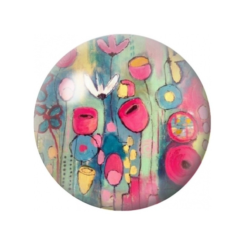 Cabochon en Verre Illustré Fleurs Abstraites Roses et Jaunes 12 à 25mm