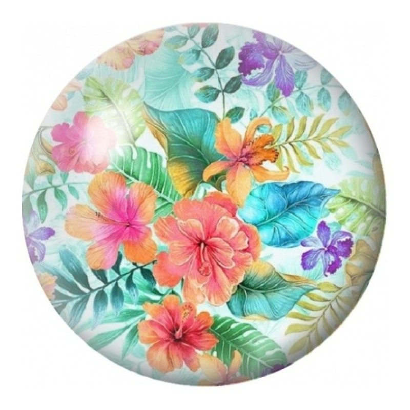 Cabochon en Verre Illustré Fleurs Tropicales Corail et Turquoise 12 à 25mm