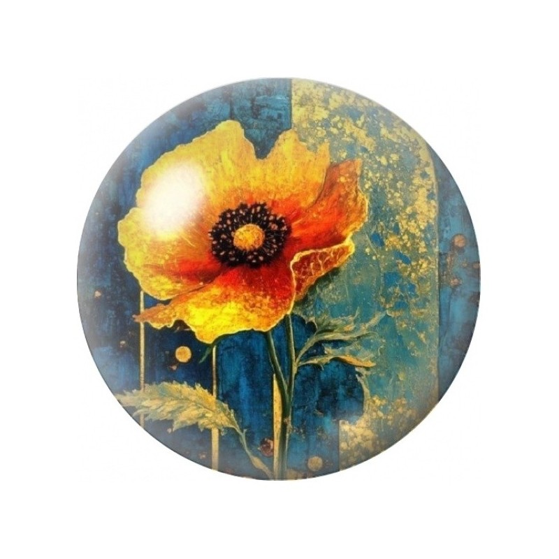 Cabochon en Verre Illustré Pavot Orange sur Fond Bleu 12 à 25mm