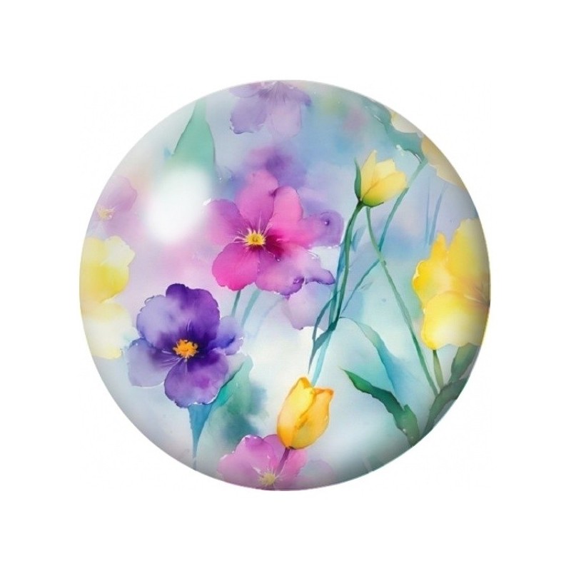 Cabochon en Verre Illustré Fleurs Mauves et Jaunes Aquarelle 12 à 25mm