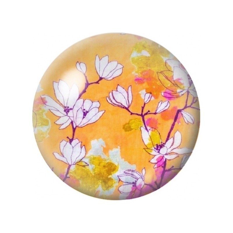 Cabochon en Verre Illustré Magnolias Roses sur Fond Jaune 12 à 25mm