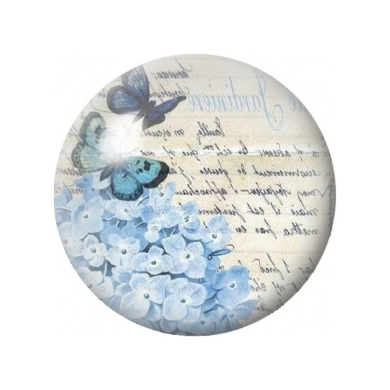 Cabochon en Verre Illustré Hortensias Bleus et Papillons Vintage 12 à 25mm