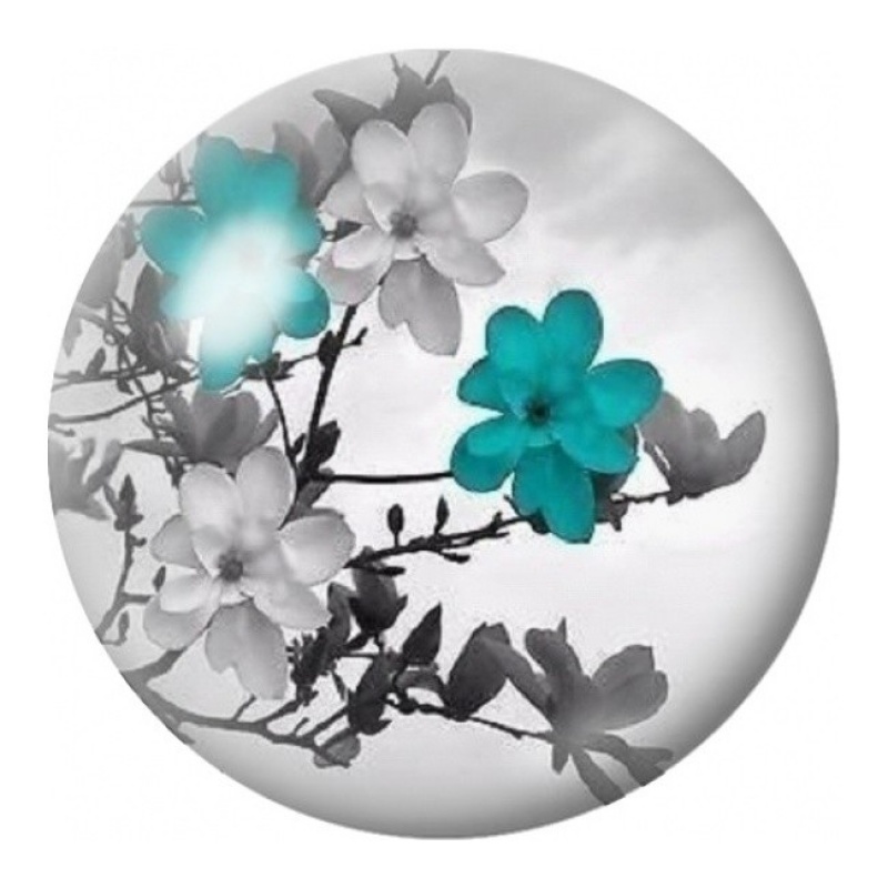 Cabochon en Verre Illustré Fleurs Turquoise sur Fond Gris 12 à 25mm