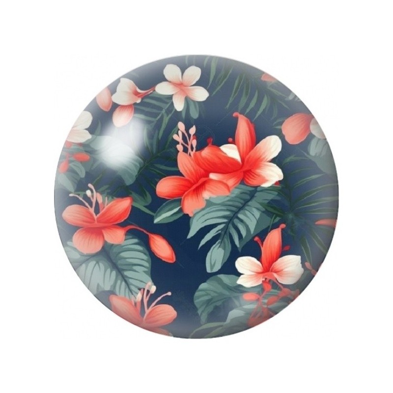 Cabochon en Verre Illustré Fleurs Corail sur Fond Bleu Nuit 12 à 25mm