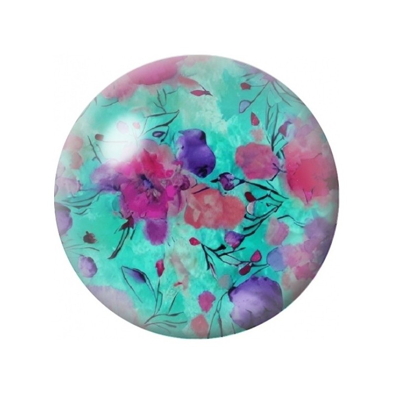 Cabochon en Verre Illustré Fleurs Mauves sur Fond Turquoise 12 à 25mm