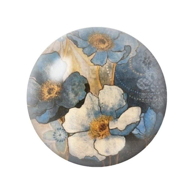 Cabochon en Verre Illustré Fleurs Crème sur Fond Bleu Gris 12 à 25mm
