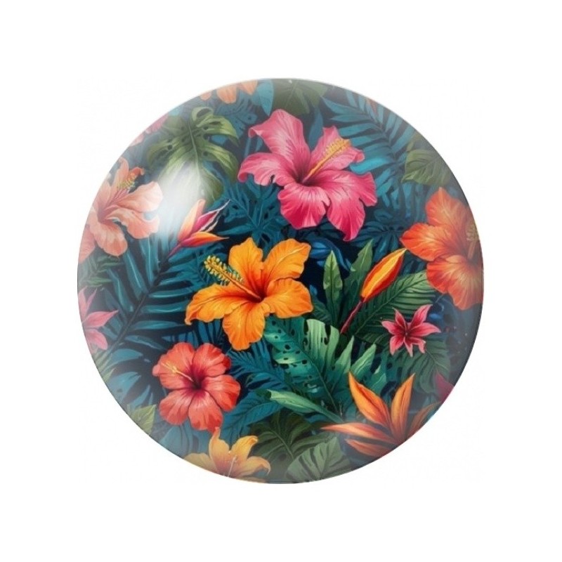 Cabochon en Verre Illustré Fleurs Tropicales sur Fond Sombre 12 à 25mm