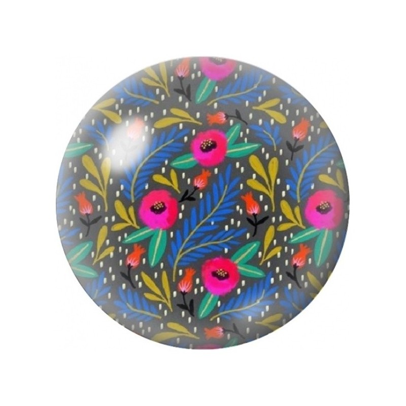 Cabochon en Verre Illustré Fleurs Folk Roses sur Fond Bleu 12 à 25mm